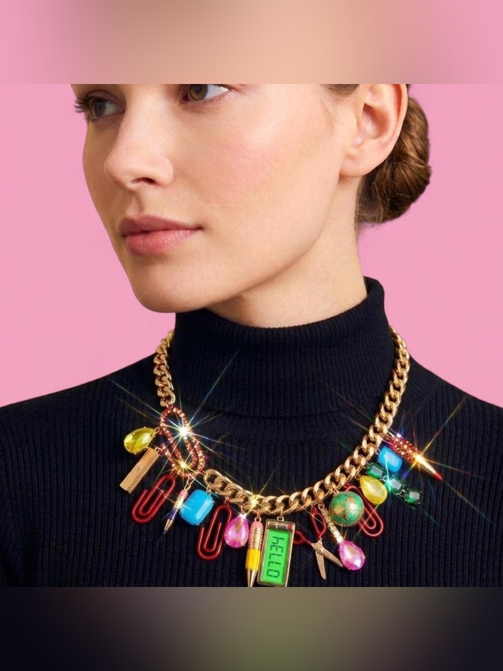 Betsey Johnson Gold Charm Necklace with Red Paperclips and Blue, Yellow Gems